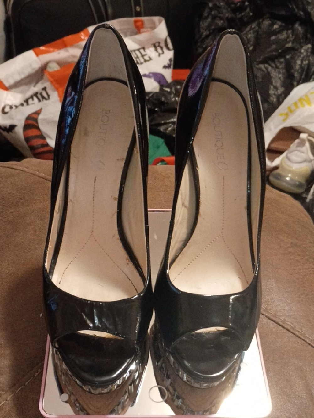 Boutique 9 Black Patent Peep-Toe Platform Heels